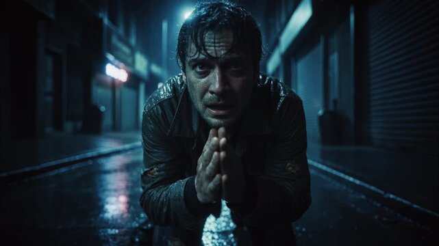 Desperate man kneeling on a wet street in the rain at night. Cinematic portrait of a soaked male begging or praying with clasped hands in a dark urban alley. Drama and despair concept