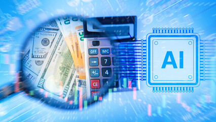 Financial analysis and automation powered by artificial intelligence shown through digital money, calculator, and AI chip. Fintech solutions, data-driven accounting, investment modeling,  