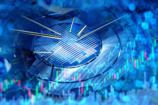 Semiconductor manufacturing and data analysis shown by a silicon wafer under precision tools with market charts. Microelectronics production, chip technology, nanofabrication, and high tech industry - Powered by Adobe