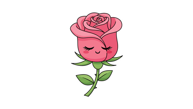 Cartoon pink rosebud with a cute closedeye face and green stem