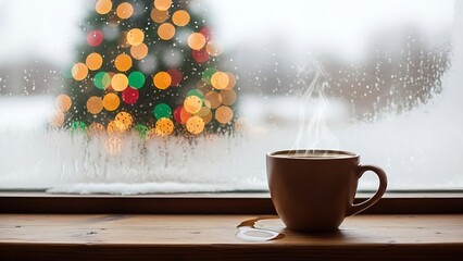 Steaming coffee cup on wooden surface beside window with defocused christmas tree