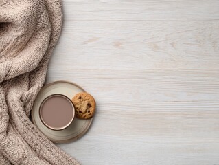 Cozy flat lay with hot chocolate and cookie on light wooden surface for relaxation and comfort