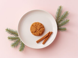 Holiday cookie arrangement with cinnamon sticks and evergreen branches on pink background