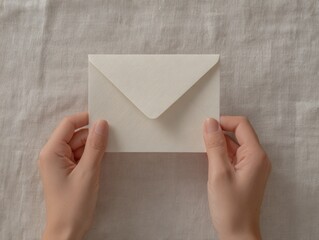 Ultra realistic flat lay of hands holding an envelope for communication and message concepts