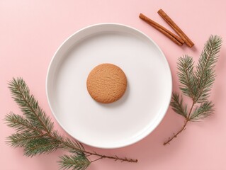 Holiday cookie and cinnamon scene with pine branches on pink background for Christmas design