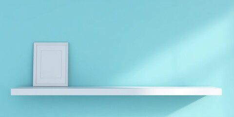 Minimalist interior design with white picture frame on modern floating shelf