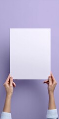 Ultra realistic close up of hands holding blank paper on lavender background