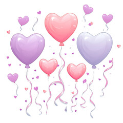 Pink and purple heart balloons vector background, festive illustration with romantic confetti, Valentine's day or birthday party decoration elements, minimalist joyful composition on white, suitable f