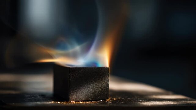 Realistic fire background with bonfire fog concept. A glowing cube emits colorful flames and smoke in a dark environment.