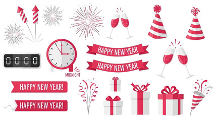 Happy New Year Party Elements with Gifts and Fireworks