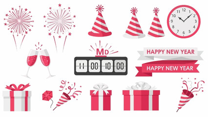 Pink New Year Party Icons Seamless Pattern with Clock and Gifts