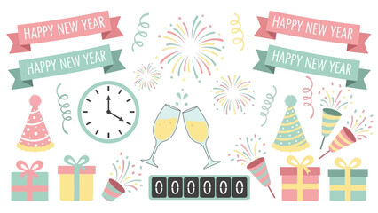 Colorful Pastel New Year Celebration Background with Fireworks and Toast