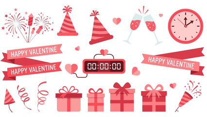 Romantic Valentine Day Icon Set with Digital Countdown and Love Hearts
