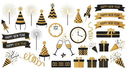 New Year Celebration Elements Set with Gold and Black Party Icons