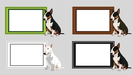 Set of decorative rectangular frames in green brown white and black colors each featuring a cute bull terrier dog character mascot.