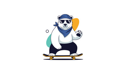 Obraz premium Cool polar bear character wearing blue sunglasses and a bandana riding a skateboard against an abstract white background design.