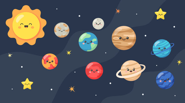 Cute planets of the solar system. Vector illustration for children.