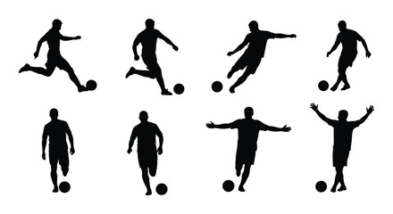 Silhouettes of soccer players in various action poses and celebratory moments