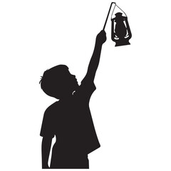 Silhouette of a child holding a lantern up high in darkness