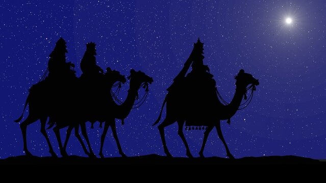 Los Tres Reyes Magos siguiendo la Estrella de Bel&eacute;n &mdash; Melchor, Gaspar y Baltasar cruzando el desierto en la noche estrellada, montados en camellos y guiados por la luz celestial.	