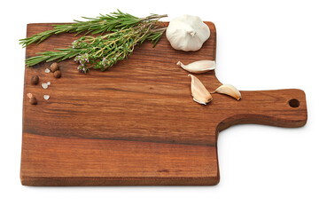 garlic and spices on wooden board isolated on white background. clipping path