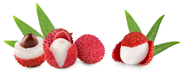Fresh lychee with leaves isolated on white background. clipping path
