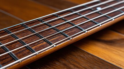 Close-up view of a rosewood violin fingerboard with gleaming metal strings, showcasing intricate craftsmanship and rich wood grain details.