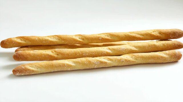 Four pieces of bread are on a white background. They are long and thin. The bread is white and has a crust