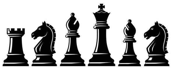 Black and white vector illustrations of chess pieces including king rook knight and bishop isolated on a clean white background © MSTShahanaz