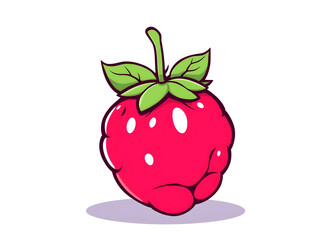 A cartoon drawing of a red raspberry with a green leaf on top