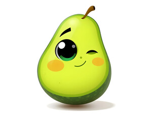 A cartoonish green pear with a big smile on its face