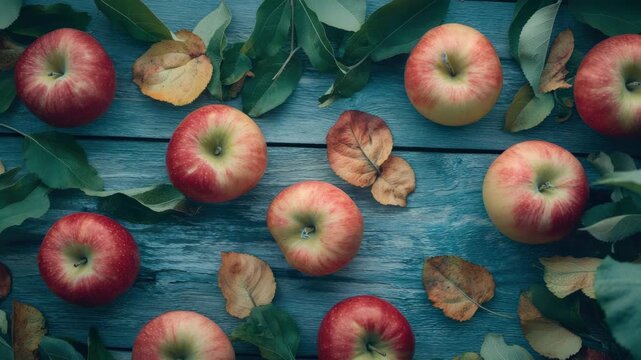 A collection of fresh apples set against a blue backdrop with foliage.