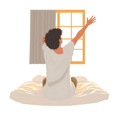 A man is sitting on a bed and looking out the window