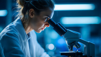 A professional female scientist looking through a microscope in a clean, modern laboratory with blue ambient lighting.