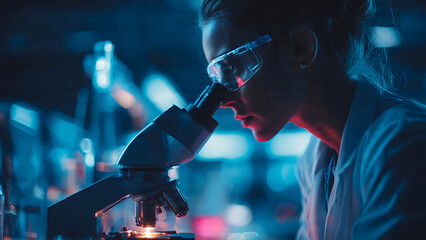 A professional female scientist looking through a microscope in a clean, modern laboratory with blue ambient lighting.