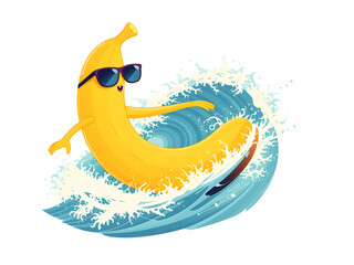A banana is surfing on a wave with sunglasses on