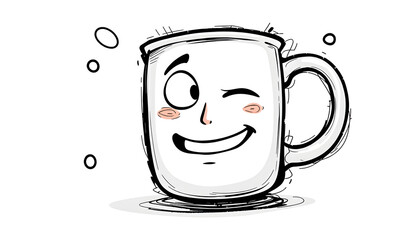 A cartoon mug with a smiley face and a wink