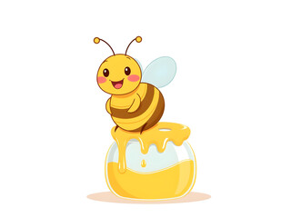 A cartoon bee is sitting on a jar of honey
