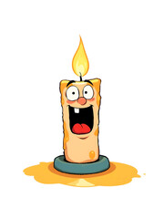 A cartoonish candle with a big smile on its face and a mouth open wide