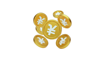 Falling Yen Coins on White Background