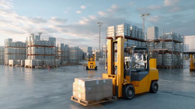 Forklifts moving pallets in a busy outdoor warehouse yard with stacked goods