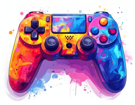 Game controller with colorful vibrant paint splatter art