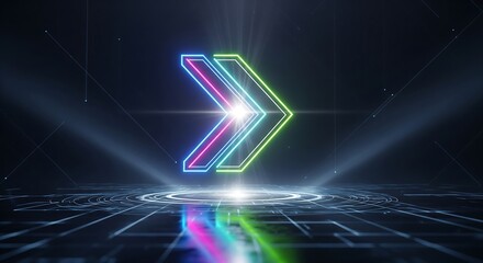 Arrow of Progress: An illuminated arrow, representing progress and direction, shines brightly amidst a futuristic, high-tech backdrop. The arrow glows with vibrant colors.