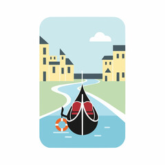 Gondola boat on canal surrounded by colorful buildings in Venice  