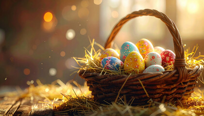 Colorful Easter eggs in wicker basket with straw, illuminated by warm sunlight, creating festive and joyful atmosphere