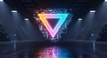 Neon Tech Genesis: An evocative representation of technological advancement and futurism is illuminated by a radiant, geometric neon triangle.  It stands as a symbol of innovation.