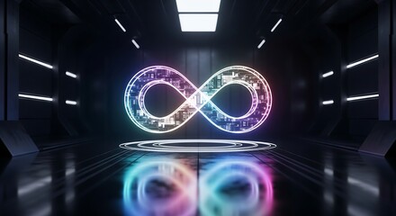 Symbol of Infinity: A glowing infinity symbol, radiating with vibrant colors, floats in a futuristic, technology-inspired environment, representing endless possibilities and innovation.