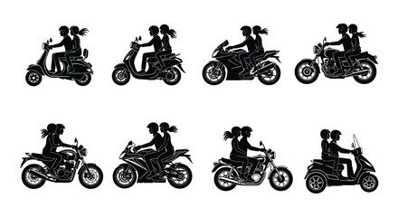 Naklejka premium Collection of classic motorcycle and scooter silhouettes with riders depicted