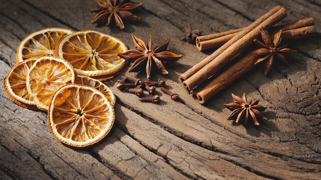 A colorful arrangement of spices and citrus on a rustic wooden surface.