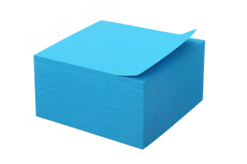 Blue sticky notes pad with a single top sheet curling, ready for messages and reminders, transparent background